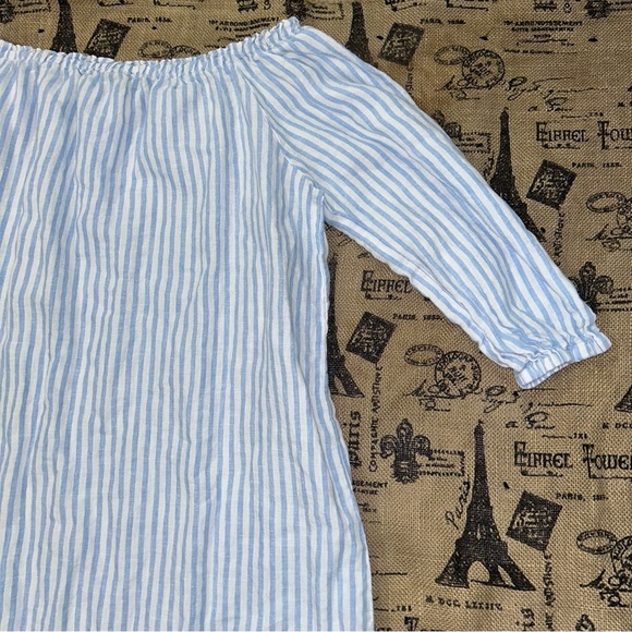 Saks Fifth Avenue 100% Linen Blue White 3/4 Sleeve Off Shoulder Maxi Dress - Picture 14 of 16